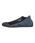 The Roxy 1mm Prologue Round Toe Reef Boot is a black and dark gray water shoe with a neoprene upper, textured rubber sole, and small side logo, shown on a white background.