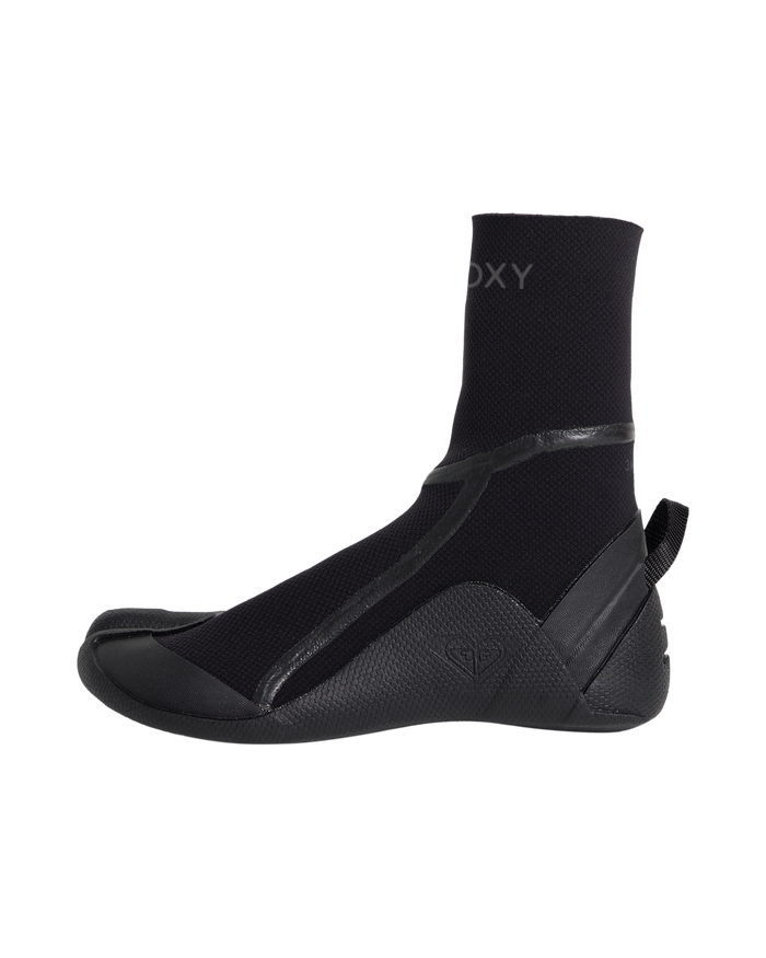 The Roxy 3.0 Elite Split Toe Boot is a black neoprene high-ankle wetsuit boot with a textured sole and heel pull tab, ideal for water sports or surfing.