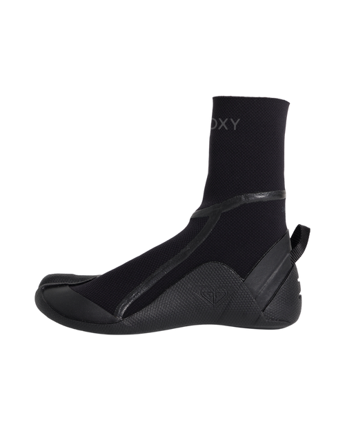 The Roxy 3.0 Elite Split Toe Boot is a black neoprene high-ankle wetsuit boot with a textured sole and heel pull tab, ideal for water sports or surfing.