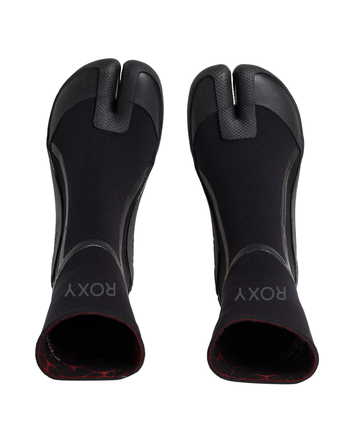 A pair of Roxy 3.0 Elite Split Toe Boot surf booties in black neoprene with rubber reinforcements and ROXY printed in white on the cuffs, shown from above on a white background.