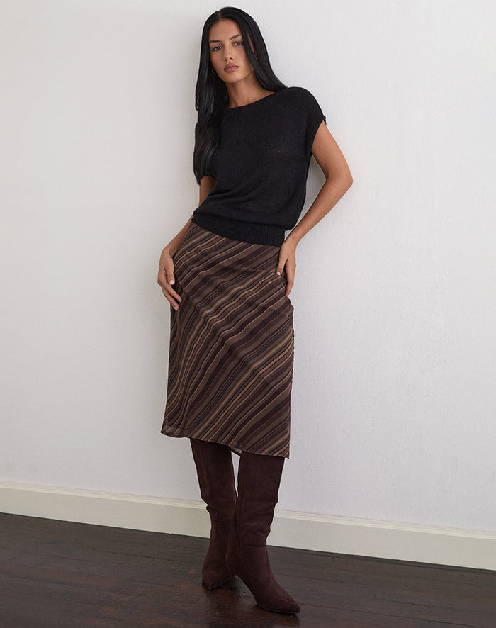 Image of Abetzi Midi Skirt in Chiffon Mix Brown Stripe