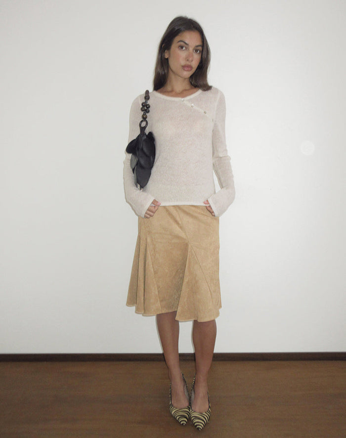 Image of Abila Midi Skirt in Tan Faux Suede