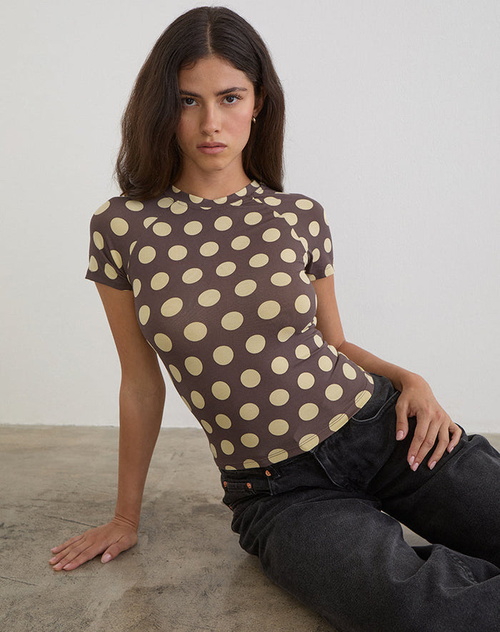 Image of Agneta Tee in Brown with Big Yellow Polka Dots