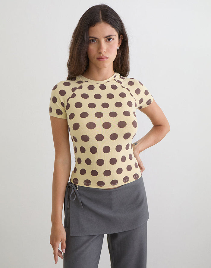 Image of Agneta Tee in Yellow with Big Brown Polka Dots