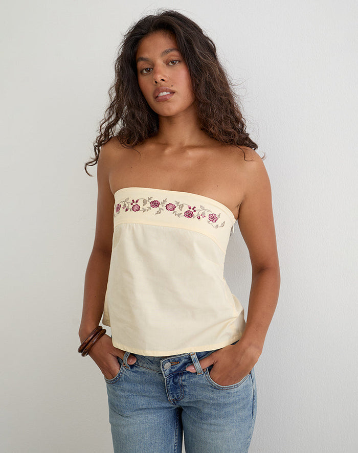 Image of Ahera Top in Poplin Buttermilk with Cherry Blossom Embroidery