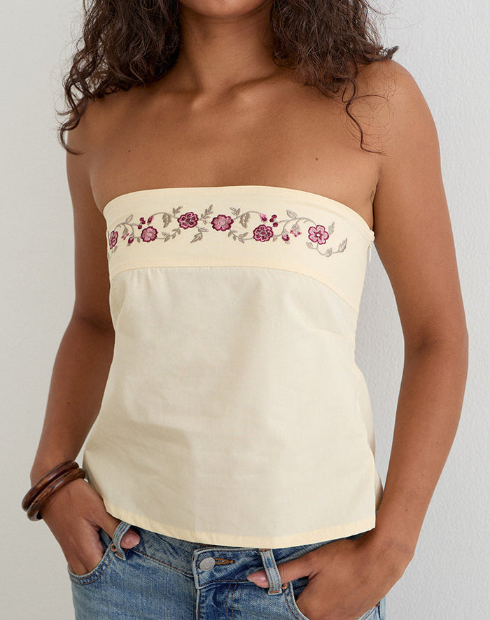 Image of Ahera Top in Poplin Buttermilk with Cherry Blossom Embroidery