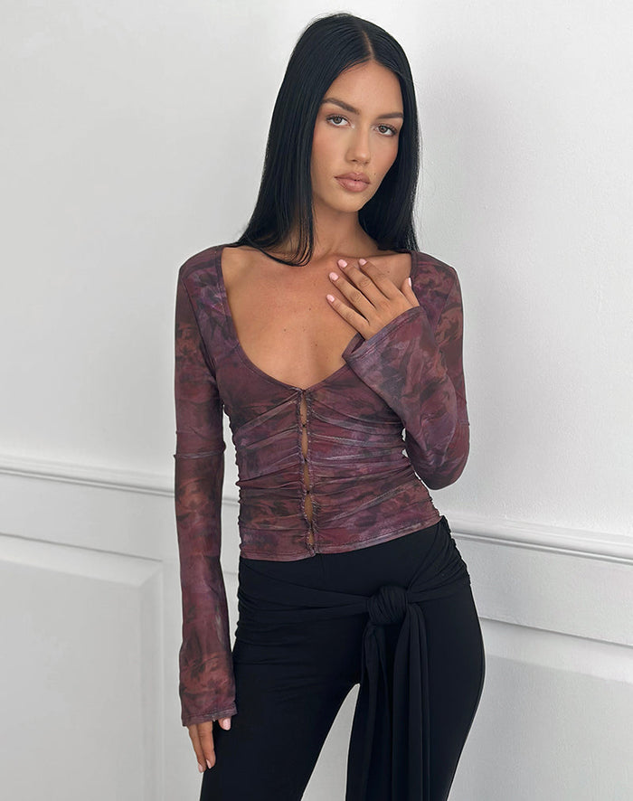 Image of Aifee Long Sleeve Top in Mesh Blurry Floral Burgundy