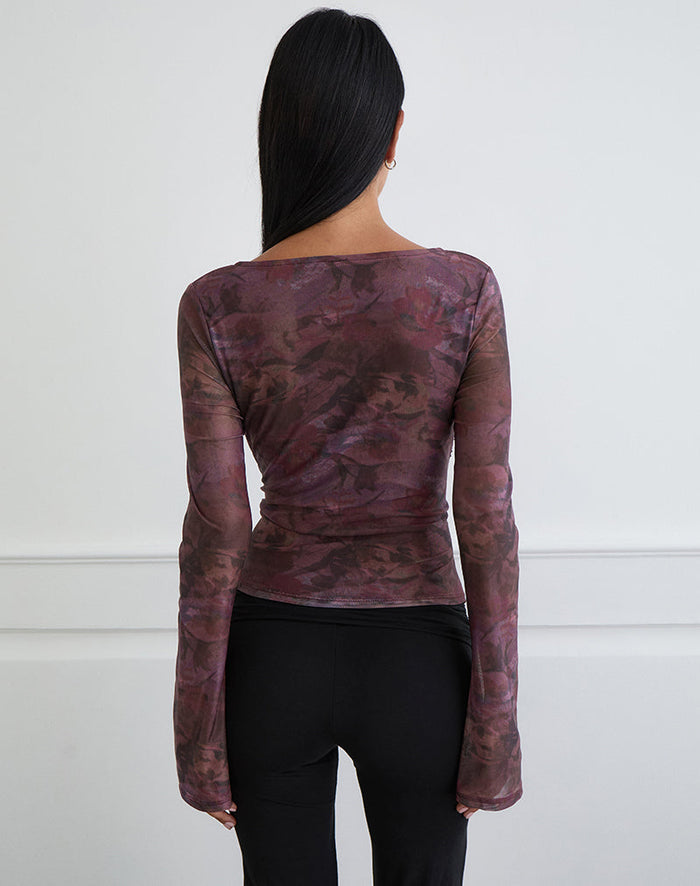 Image of Aifee Long Sleeve Top in Mesh Blurry Floral Burgundy