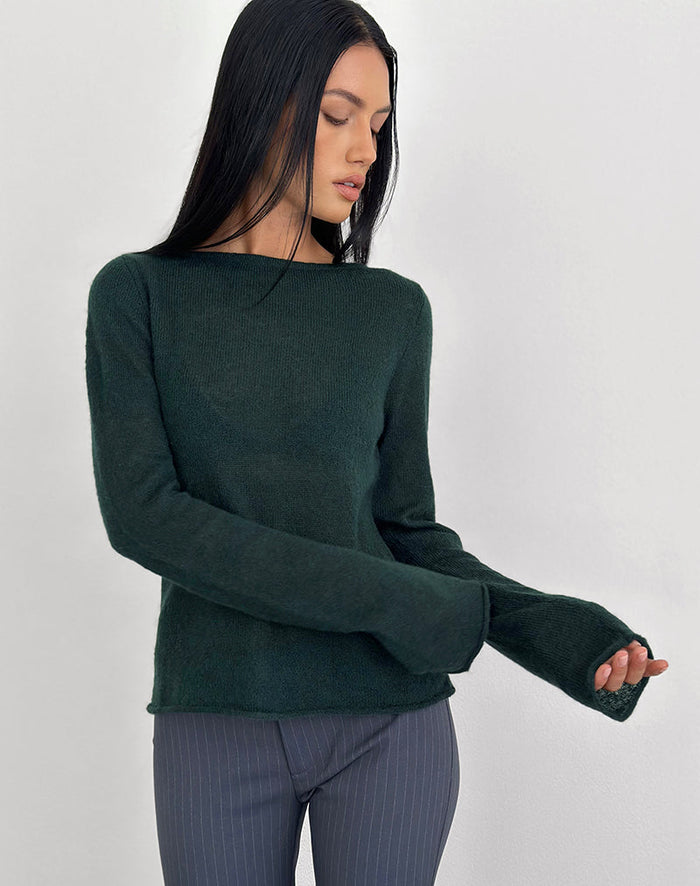 Image of Aika Long Sleeve Top in Sheer Knit Dark Green