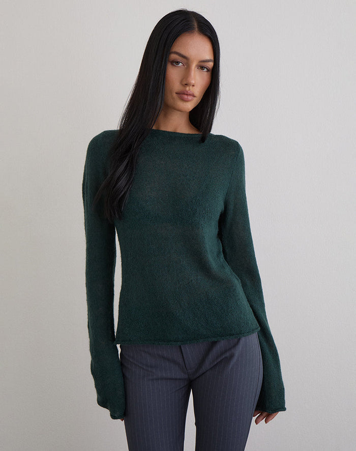 Image of Aika Long Sleeve Top in Sheer Knit Dark Green
