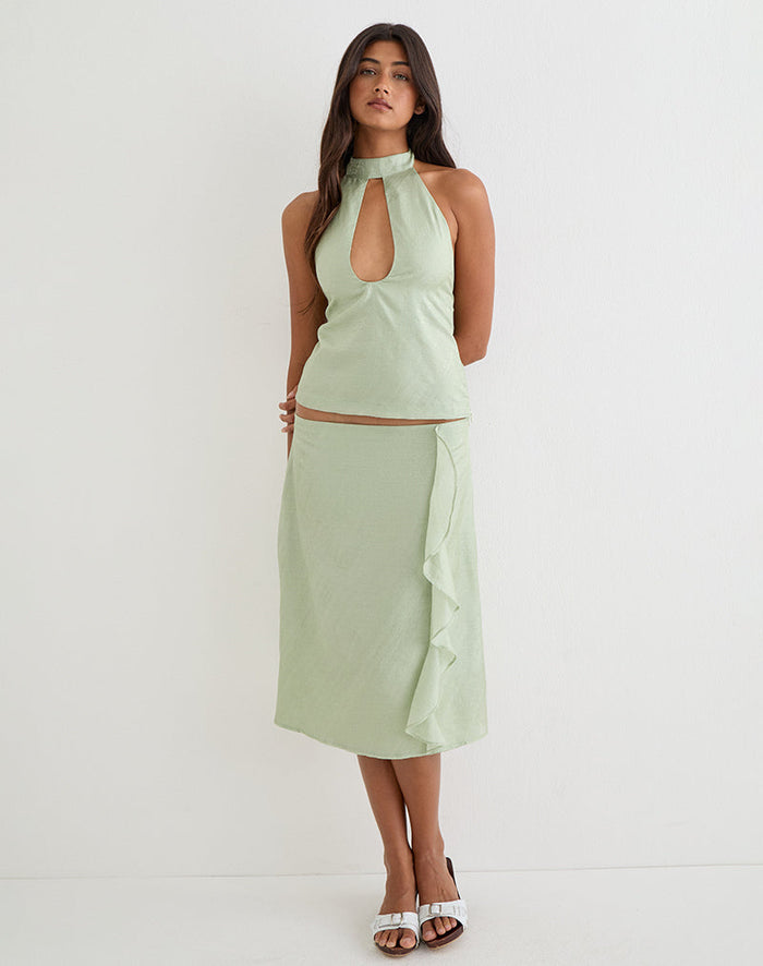 Image of Aksaya Midi Skirt in Shimmer Chiffon Olive