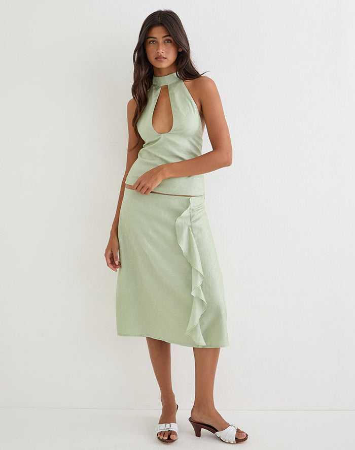 Image of Aksaya Midi Skirt in Shimmer Chiffon Olive