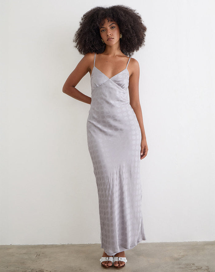 Image of Alenya Maxi Dress in Chiffon Monochrome Silver Grey Polka