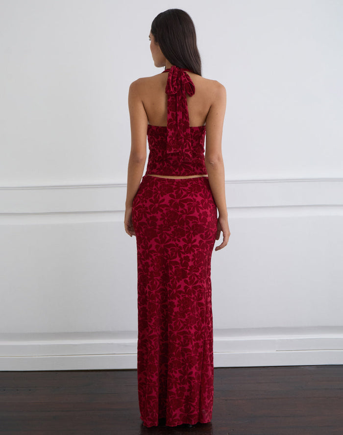Image of Alfreda Maxi Skirt in Flocked Mesh Flower Cherry