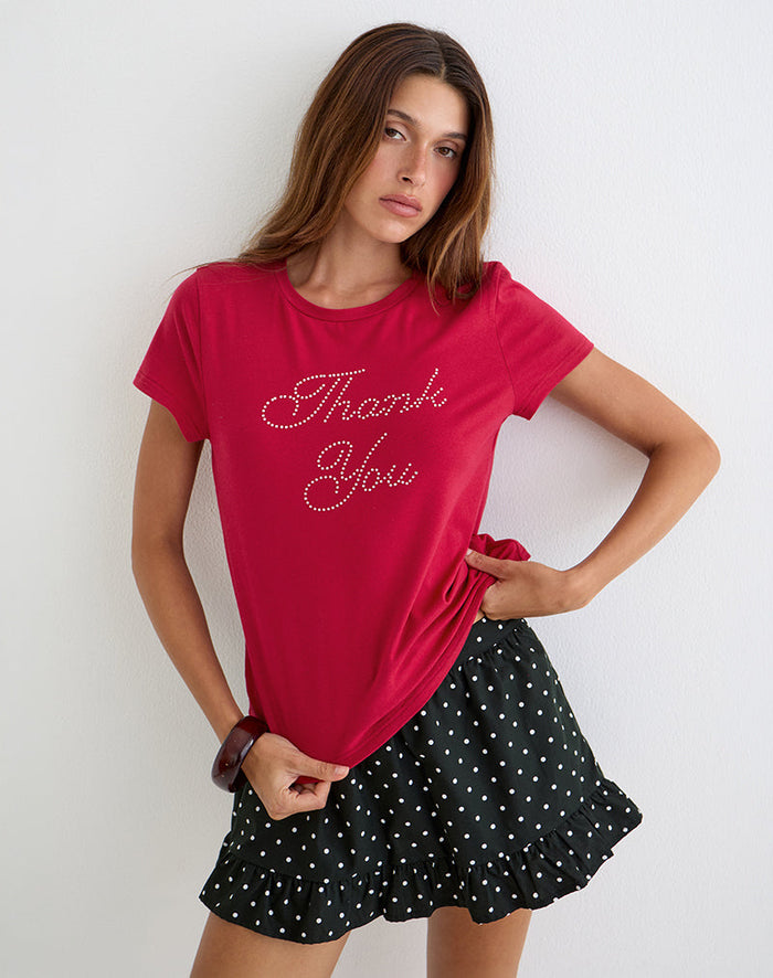 Image of Alio Tee in Scarlet Red with Diamante Thank You Graphic