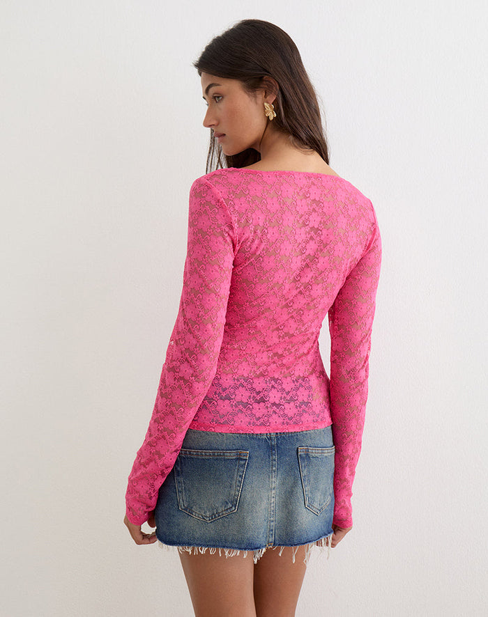 Image of Amabon Long Sleeve Top in Lace Hot Pink