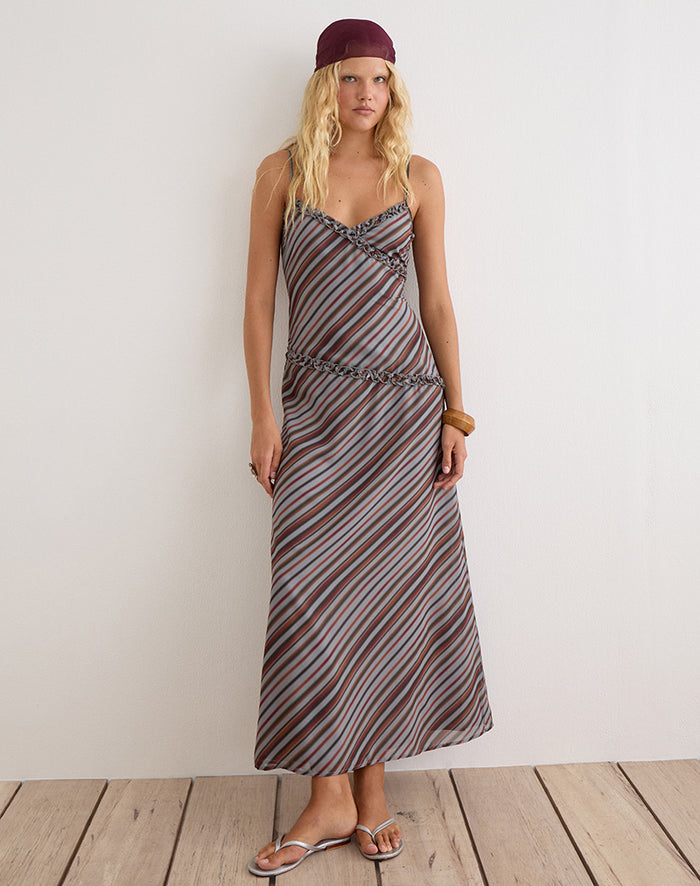 Image of Angie Maxi Dress in Chiffon Grey and Maroon Diagonal Stripe