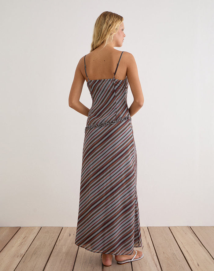 Image of Angie Maxi Dress in Chiffon Grey and Maroon Diagonal Stripe