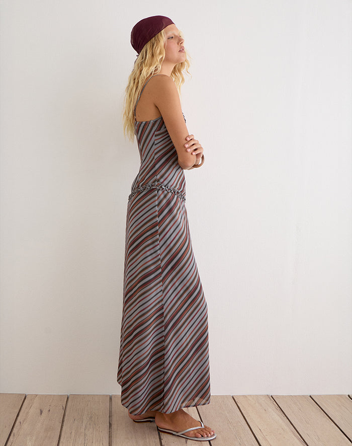 Image of Angie Maxi Dress in Chiffon Grey and Maroon Diagonal Stripe