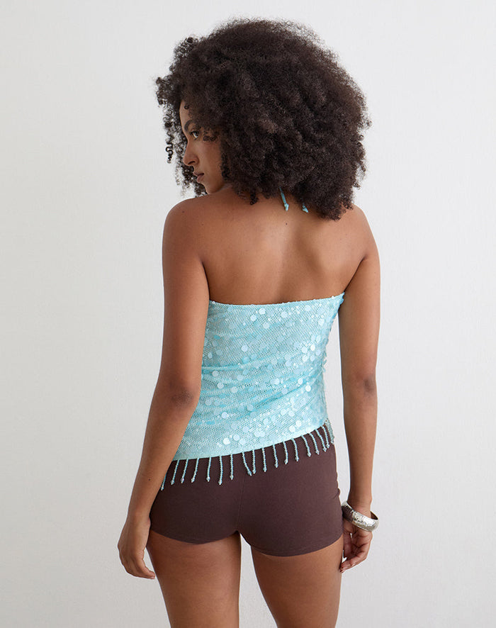 Image of Arlela Top in Net Sequin Blue with Beaded Hem
