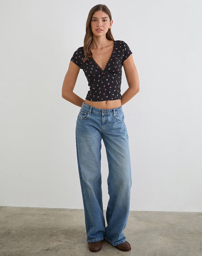 Image of Asana Top in Black with Red Rose Ditsy Print