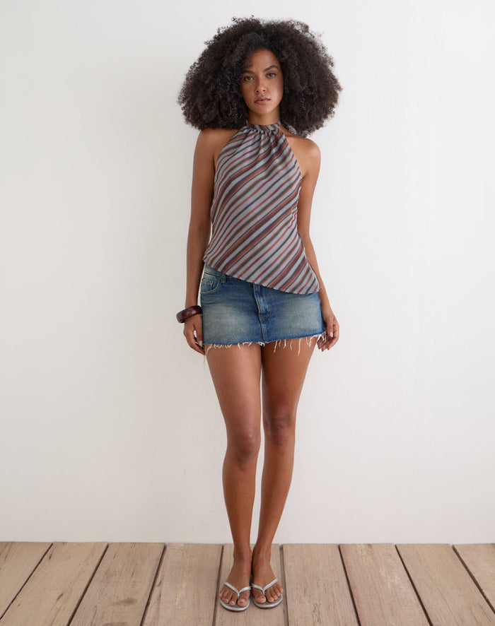 Image of Astina Halterneck Top in Chiffon Grey and Maroon Diagonal Stripe