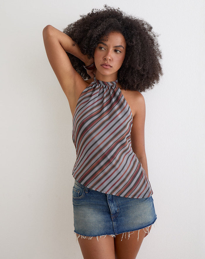 Image of Astina Halterneck Top in Chiffon Grey and Maroon Diagonal Stripe