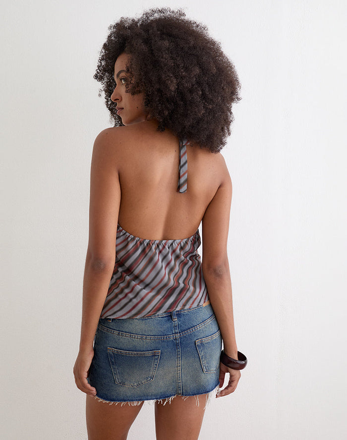 Image of Astina Halterneck Top in Chiffon Grey and Maroon Diagonal Stripe