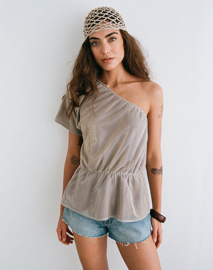 Image of Astria One Shoulder Tie Belt Top in Gold Plisse