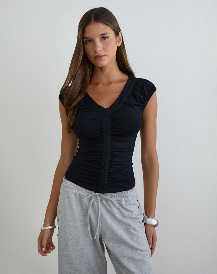 Image of Atheia Gathered V-Neck Top in Rayon Jersey Black