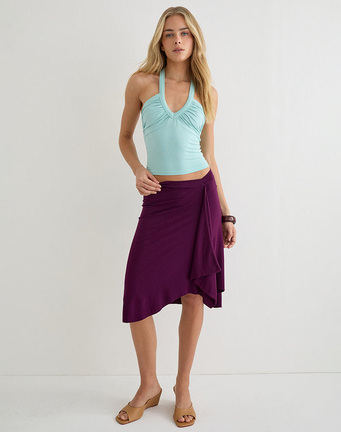 Image of Athenia Ruched V Neck Top in Rayon Jersey Aqua