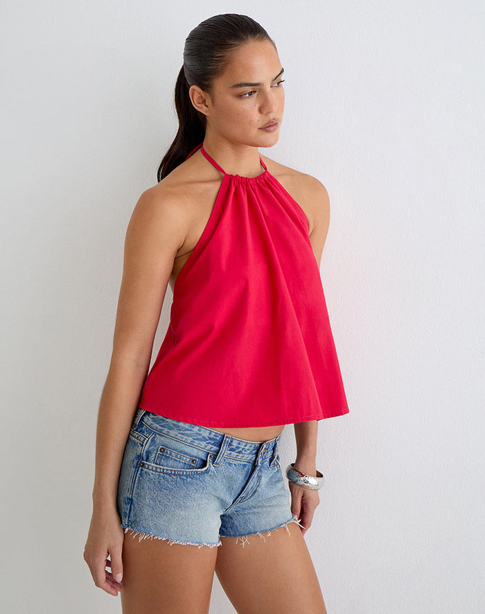 Image of Aure Halterneck Top in Poplin Scarlet Red