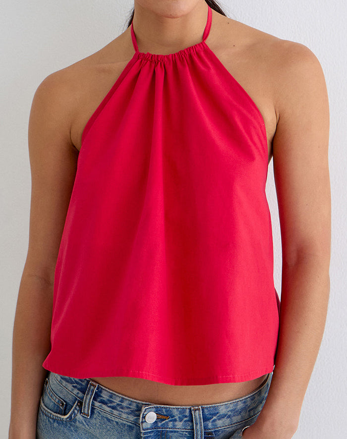 Image of Aure Halterneck Top in Poplin Scarlet Red