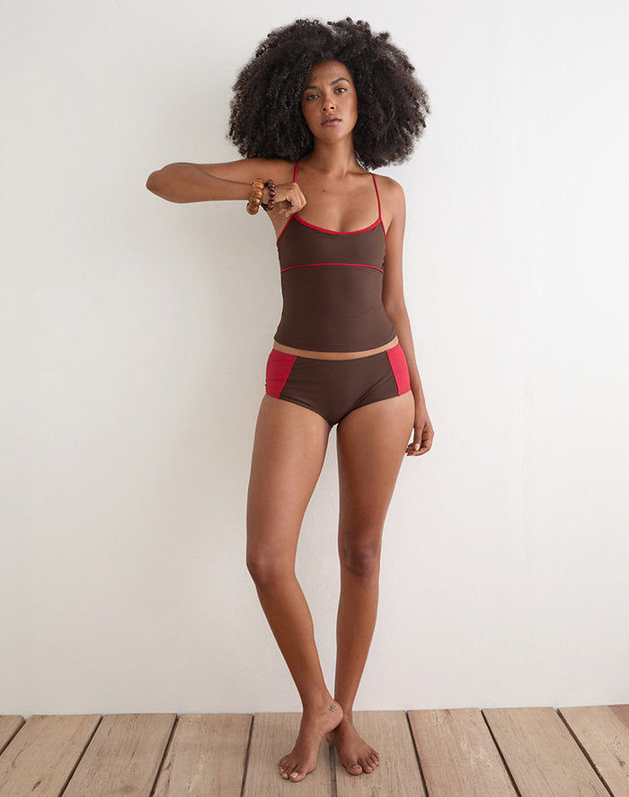 Image of Avilina Swim Short in Brown with Red Binding