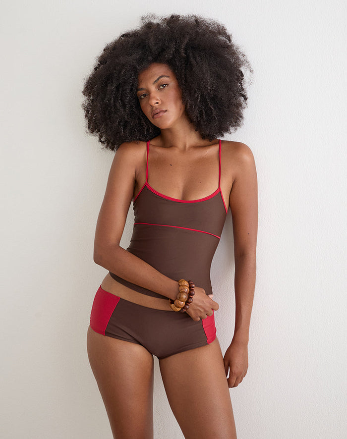 Image of Avilina Swim Short in Brown with Red Binding