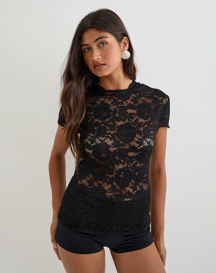 Image of Axelle Hooded Top in Floral Lace Black