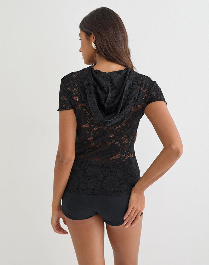 Image of Axelle Hooded Top in Floral Lace Black