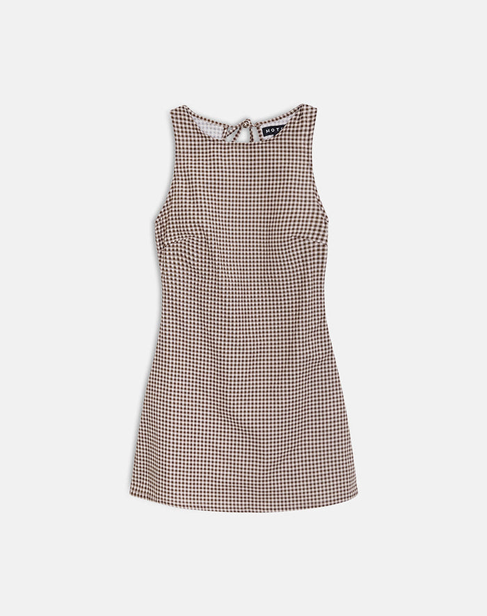 Image of Ayana Backless Mini Dress in Linen Brown Gingham