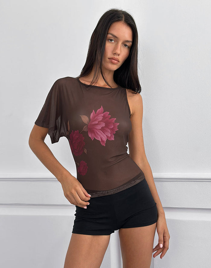 Image of Balsa One Shoulder Top in Brown with Pink Flower Print
