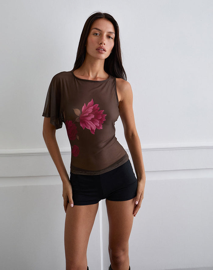 Image of Balsa One Shoulder Top in Brown with Pink Flower Print