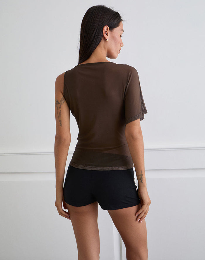 Image of Balsa One Shoulder Top in Brown with Pink Flower Print