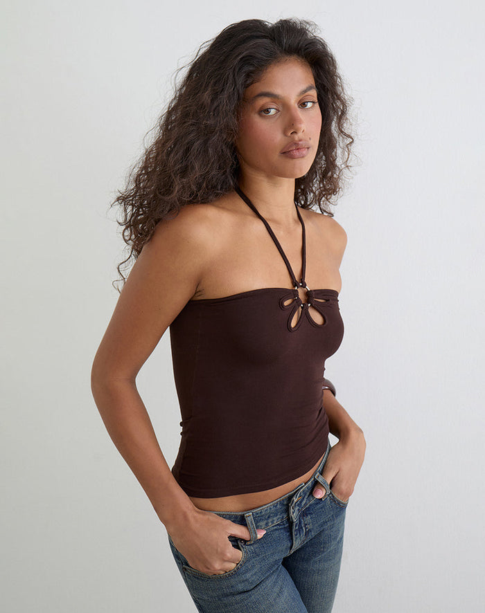 Image of Baya Halterneck Top with Flower Ring in Bitter Chocolate
