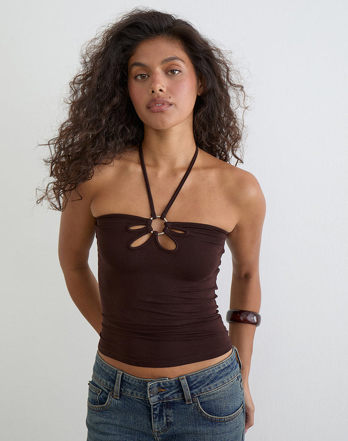 Image of Baya Halterneck Top with Flower Ring in Bitter Chocolate