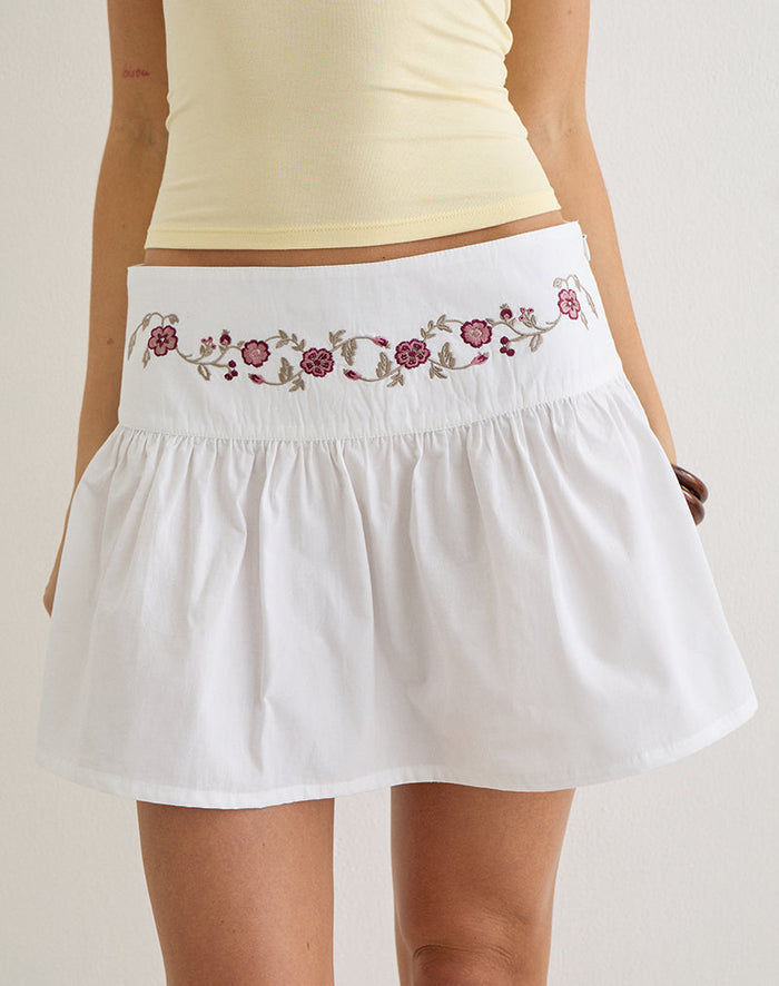 Image of Becita Mini Skirt in Poplin White with Cherry Blossom Embroidery