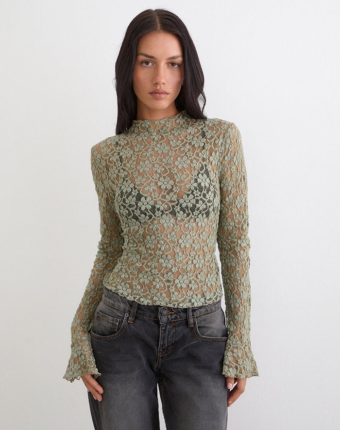 Image of Beerus Long Sleeve Mock Neck Top in Lace Sage Green