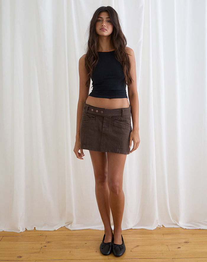 Image of Belted Denim Mini Skirt in Chocolate Brown