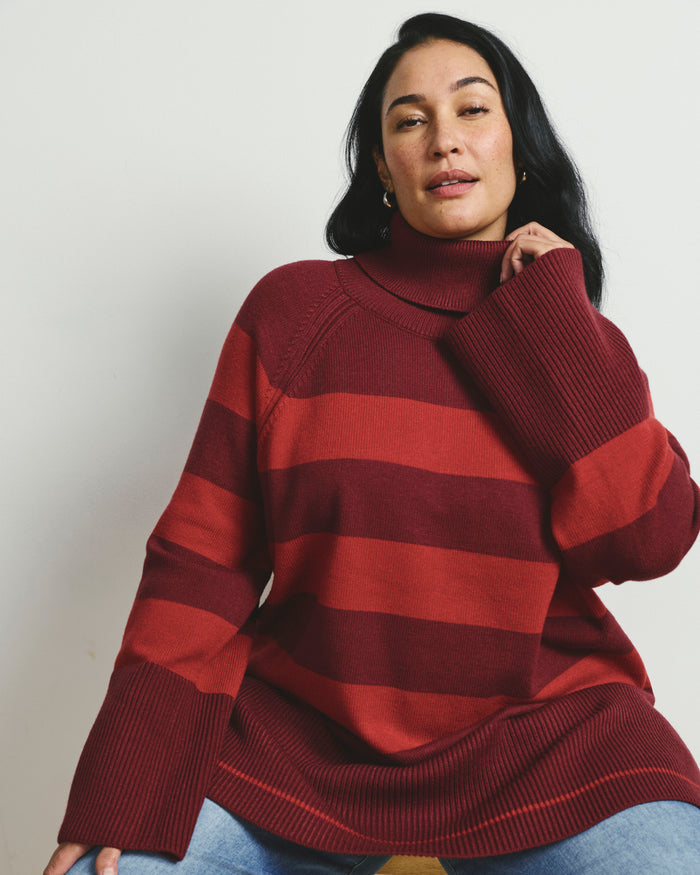 Better-Than-Wool Oversize Turtleneck Sweater - Black Cherry/Red Rugby Stripe | Plus Size & Straight Size Women's Fashion | Universal Standard