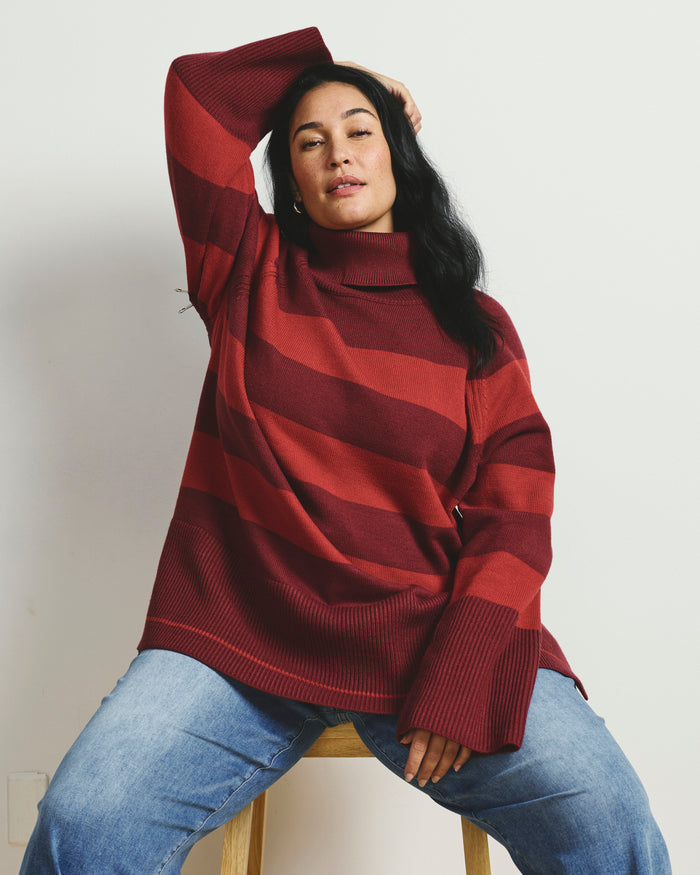 Better-Than-Wool Oversize Turtleneck Sweater - Black Cherry/Red Rugby Stripe | Plus Size & Straight Size Women's Fashion | Universal Standard