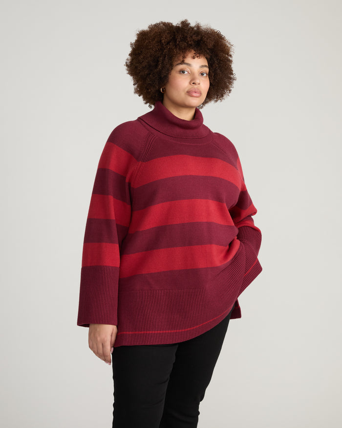 Better-Than-Wool Oversize Turtleneck Sweater - Black Cherry/Red Rugby Stripe | Plus Size & Straight Size Women's Fashion | Universal Standard