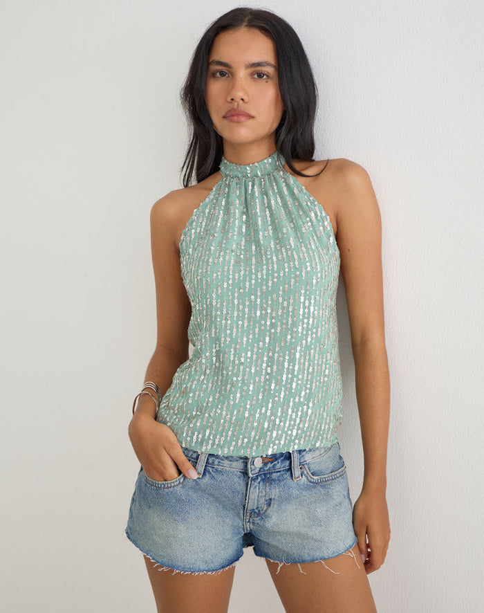 Image of Beyi Halterneck Top in Chiffon Sequin Jade